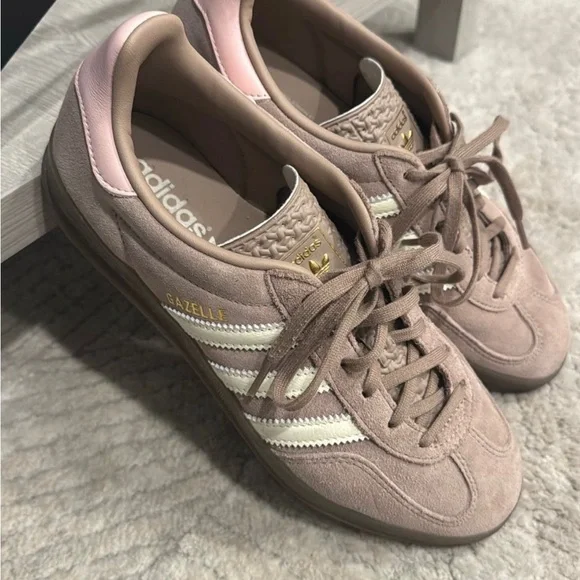 Adidas Gazelle Taupe Sneakers with White and Pink Accents - Picture 2 of 3